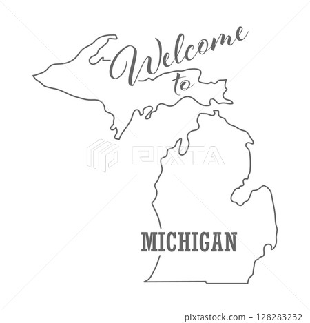 Welcome to Michigan. Outline of the state with a welcome inscription. A template for covers, banners, posters, and posters. Welcome to Michigan. Outline of the state with a welcome inscription. A template for covers, banners, posters, and posters. 128283232
