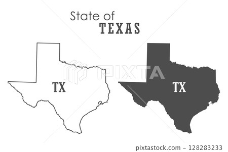 Texas. The outline and silhouette of the state with the abbreviated abbreviation of the name. The state border. A template for the design of printed products Texas. The outline and silhouette of the state with the abbreviated abbreviation of the name. The state border. A template for the design of printed products 128283233