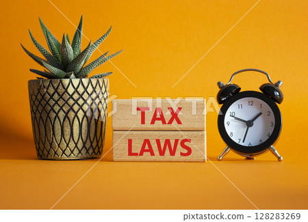 Tax Laws symbol. Concept word Tax Laws on wooden blocks. Beautiful orange background with alarm clock and succulent plant. Business and Tax Laws concept. Copy space 128283269