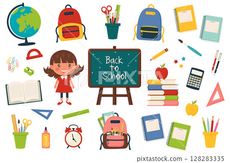 Back to School Flat Vector Icons Set Isolated on White Background. Back to School Flat Vector Icons Set Isolated on White Background. 128283335