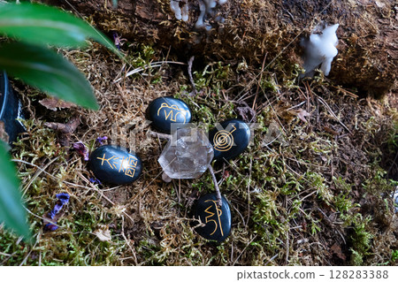 Healing crystals on brown background Healing crystals on brown background 128283388