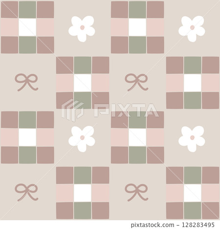 seamless minimal flower and ribbon repeat pattern in beige background, flat jpg illustration graphic design seamless minimal flower and ribbon repeat pattern in beige background, flat jpg illustration graphic design 128283495