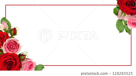 Red and pink rose flowers with green leaves in a corner arrangements with frame isolated on white background 128283525