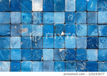 Vibrant Blue Mosaic Wall Artistic Pattern Textured Abstract Background for design, adding a creative touch 128283677