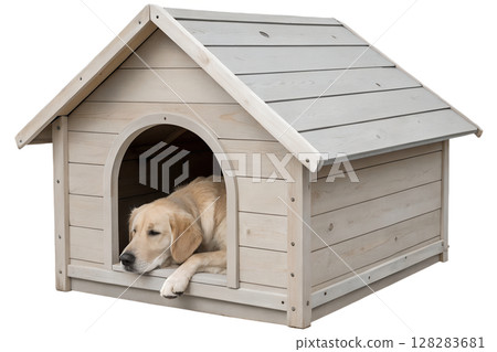 Dog relaxing inside wooden dog house with gable roof, cozy pet shelter, canine resting spot, outdoor pet house 128283681
