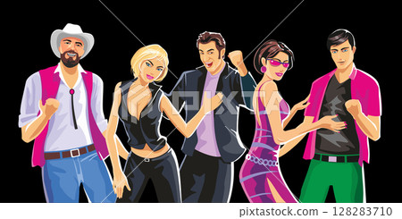 People dancing on the party. Vector flat color illustration 128283710