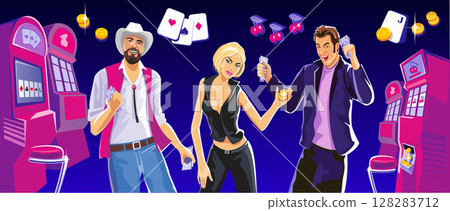 Lucky woman hold casino chips while spinning roulete. Lucky man hold money. Interior casino - slot machines, chairs, light projectors. Design concept for gambling luck ans successful play. 128283712