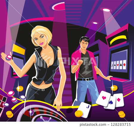 Lucky woman hold casino chips while spinning roulete. Lucky man hold money. Interior casino - slot machines, chairs, light projectors. Design concept for gambling luck ans successful play. 128283715