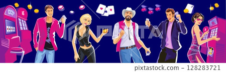 Design concept for gambling luck and successful play. Interior casino - slot machines. Lucky woman playing in slot machines. Lucky man with cowboy hat hold money, coins. Vector flat illustrations. 128283721