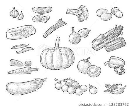 Set vegetables. Cucumbers, Garlic, Corn, Pepper, Broccoli, Potato and Tomato. 128283732