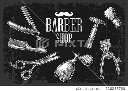 Set tool for BarberShop with logotype Vector drawn vintage engraving 128283760