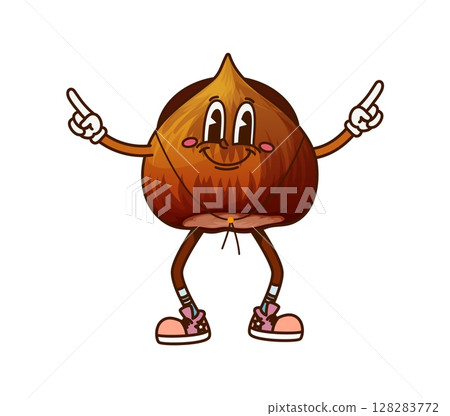 Cartoon groovy hazelnut nut and seed cowboy and bandit character wearing retro cowpuncher hat standing with pointing finger gesture and friendly smile. Isolated vector healthy snack food y2k personage Cartoon groovy hazelnut nut and seed cowboy and bandit character wearing retro cowpuncher hat standing with pointing finger gesture and friendly smile. Isolated vector healthy snack food y2k personage 128283772