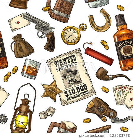 Seamless pattern Wild West. Vector vintage engraving color illustration Seamless pattern Wild West. Vector vintage engraving color illustration 128283778