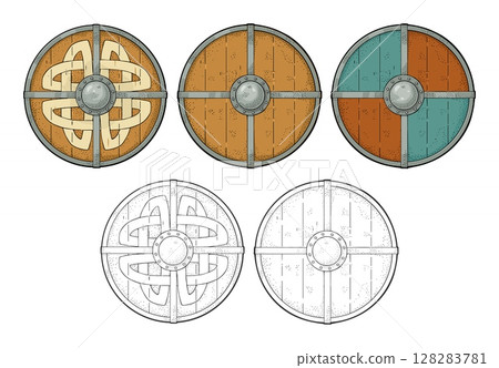 Set wood round shields with viking runes, iron border. Engraving 128283781