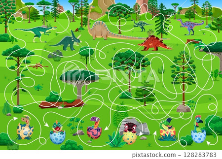 Kids labyrinth maze game. Help to dinosaur mothers find their eggs. Labyrinth path search kids riddle or maze vector worksheet with diplodocus, wuerhosaurus, alectrosaurus dinosaurs cute characters 128283783