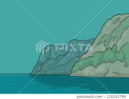 Fjord in Norway. Vintage vector color engraving 128283790