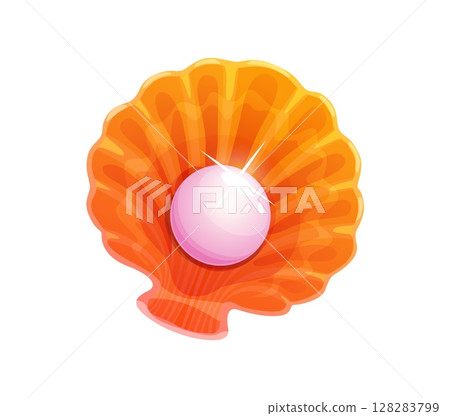 Cartoon pearl shell oyster and scallop, underwater seashell with pink shiny pearl inside. Vector conch, treasure or fantasy marine game asset. Marine object with soft glossy surface and curved shape 128283799