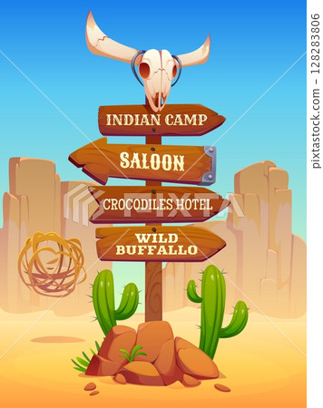 Wild west wooden signboard, western cowboy signage directional sign yard. Cartoon vector wood arrow signs point to saloon, Indian camp, crocodiles hotel and wild buffalo in desert with cacti and cliff Wild west wooden signboard, western cowboy signage directional sign yard. Cartoon vector wood arrow signs point to saloon, Indian camp, crocodiles hotel and wild buffalo in desert with cacti and cliff 128283806