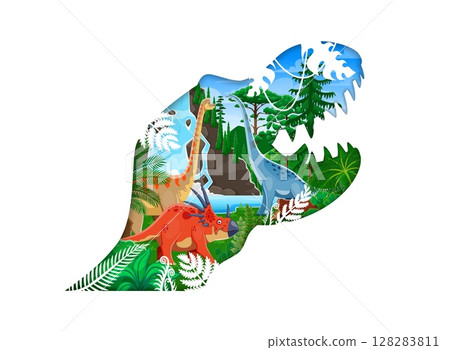 Tyrannosaur t rex dinosaur silhouette with prehistoric jungle and ancient reptiles inside. Vector reptile head frame with wild nature landscape, waterfall, ferns and giant primeval herbivores roam Tyrannosaur t rex dinosaur silhouette with prehistoric jungle and ancient reptiles inside. Vector reptile head frame with wild nature landscape, waterfall, ferns and giant primeval herbivores roam 128283811