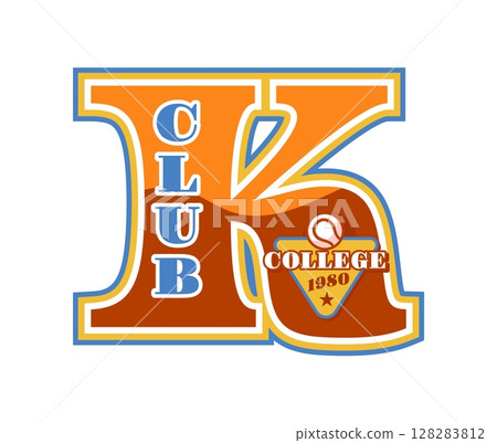 Varsity sport patch label as bold letter K, vintage badge for baseball club, featuring text college 1980. Vector in retro style athletic label or jersey print for sporty academic themes or tournaments 128283812