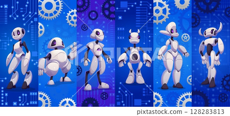 Cartoon futuristic robot and droid characters collage. Vector mechanical backgrounds showing gears and circuits, advanced technology and innovative robotics, artificial intelligence cyber machines Cartoon futuristic robot and droid characters collage. Vector mechanical backgrounds showing gears and circuits, advanced technology and innovative robotics, artificial intelligence cyber machines 128283813