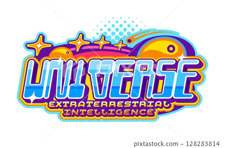 Space universe extraterrestrial intelligence retro Y2K icon or emblem. Galaxy outerspace vintage vector sign or Y2K icon. Universe research emblem with comets, falling stars, futuristic typography Space universe extraterrestrial intelligence retro Y2K icon or emblem. Galaxy outerspace vintage vector sign or Y2K icon. Universe research emblem with comets, falling stars, futuristic typography 128283814