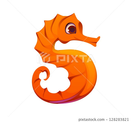 Number five math symbol as funny cartoon sea horse animal character. Kids alphabet, zoo mascot font, children typeface, letter type. Abc for children mathematics learning and counting games education 128283821