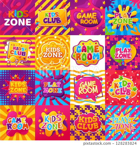 Kids zone banners, game room, play area vector set. Colorful cartoon design elements half tone, speech bubbles, stars and splashes with abstract waves, puzzle pieces and lines. Baby center, playground Kids zone banners, game room, play area vector set. Colorful cartoon design elements half tone, speech bubbles, stars and splashes with abstract waves, puzzle pieces and lines. Baby center, playground 128283824