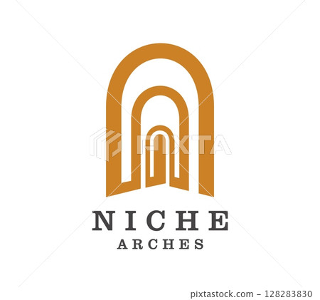 Niche arch icon, graphic window shape or symbol. Palace entrance abstract door vector icon, business brand geometric shape emblem. Castle geometric line gate, niche symbol or Boho arch company sign 128283830