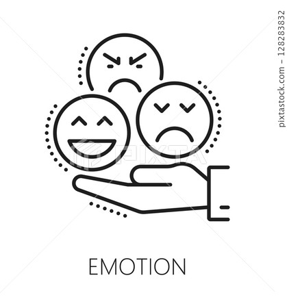 Emotion cognitive ability line icon or symbol. Mental capability thin line vector icon, human emotions sign. Brain cognitive functions ability pictogram with hand holding happy, sad and angry emoji 128283832