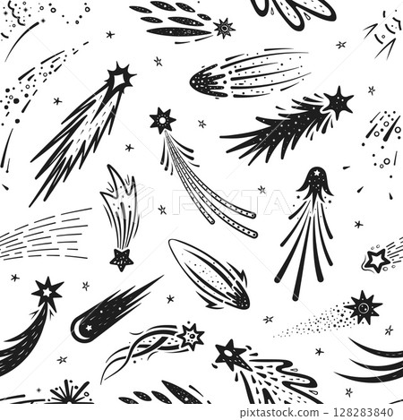 Doodle space shooting stars seamless pattern. Fabric or textile seamless vector background with repeated details. Wrapping paper pattern with shooting and falling stars, space comets or galaxy meteors Doodle space shooting stars seamless pattern. Fabric or textile seamless vector background with repeated details. Wrapping paper pattern with shooting and falling stars, space comets or galaxy meteors 128283840