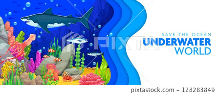 Paper cut save the ocean banner with shark, fish shoal and underwater landscape. Ocean ecosystem and ecology protection 3d vector poster paper cut banner with underwater animals, seaweeds and corals Paper cut save the ocean banner with shark, fish shoal and underwater landscape. Ocean ecosystem and ecology protection 3d vector poster paper cut banner with underwater animals, seaweeds and corals 128283849