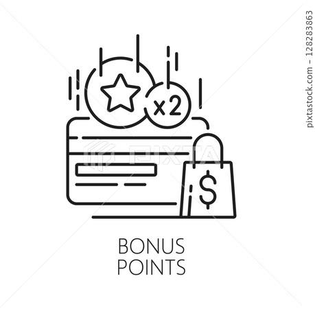 Member bonus point exclusive benefit thin line icon or emblem. Customer loyalty program gift lineart vector pictogram, special bonus symbol. Membership reward icon with bonus card, falling coins 128283863