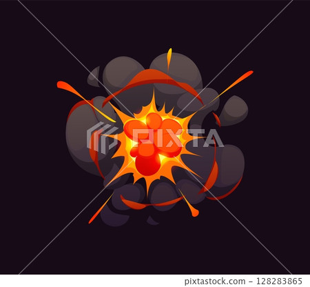 Comic bomb explosion blast effect, cartoon fire and smoke boom cloud. Dynamite or explosive detonation hit fire flash with smoke cloud and sparkles. Bomb or grenade explosion energy vector blast 128283865