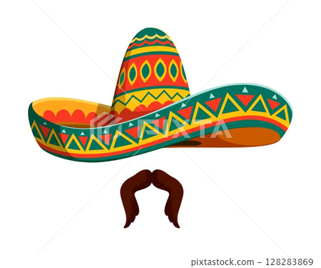 Cartoon Mexican mariachi sombrero hat with moustaches. Isolated vector traditional straw cap adorned with vibrant colors and patterns, symbolizes Latin culture, festive spirit and tradition of country Cartoon Mexican mariachi sombrero hat with moustaches. Isolated vector traditional straw cap adorned with vibrant colors and patterns, symbolizes Latin culture, festive spirit and tradition of country 128283869