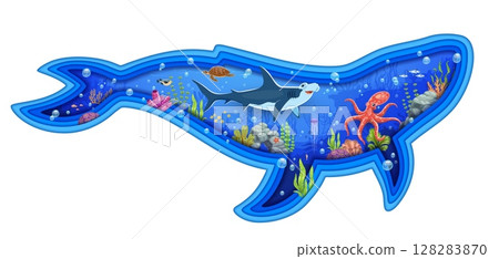 Paper cut whale silhouette with underwater landscape. Ocean underwater landscape paper cut 3d vector background with hammerhead shark, sea turtle and octopus animals character, seaweed and corals Paper cut whale silhouette with underwater landscape. Ocean underwater landscape paper cut 3d vector background with hammerhead shark, sea turtle and octopus animals character, seaweed and corals 128283870
