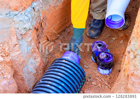 Worker carefully places drainage sewage pipes trench on construction site, plumbing work day 128283891