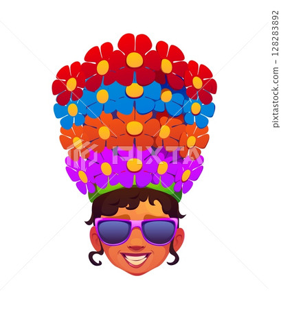 Barranquilla Colombian carnival holiday smiling vector character wearing purple sunglasses and extravagant, colorful floral headdress made of vibrant flowers, creating festive tropical carnival vibe Barranquilla Colombian carnival holiday smiling vector character wearing purple sunglasses and extravagant, colorful floral headdress made of vibrant flowers, creating festive tropical carnival vibe 128283892