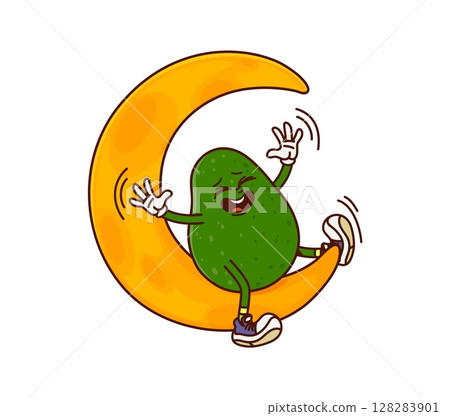 Cartoon groovy avocado character sitting on moon. Laughing, sitting and balancing on moon crescent whole avocado isolated funny groovy vector character. Tropical fruit cheerful mascot or personage 128283901