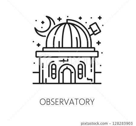 Space observatory building and cosmos line icon. Galaxy outerspace travel thin line vector icon, space research or discovery linear symbol. Cosmos exploration outline pictogram or astronomy sign 128283903