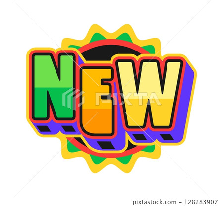 New Y2K retro sticker, hippie print or label. Comic vintage funky vector tag, hippie 60s Y2K patch. Funny retro cartoon label or cute 80s sticker with sun and three dimensional typography text 128283907