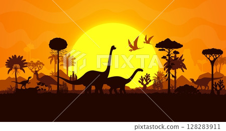 Prehistoric dinosaur silhouettes on sunset landscape. Jurassic era prehistoric panorama landscape vector background with dinosaurs and ancient flora plants silhouettes, evening haze and setting sun 128283911