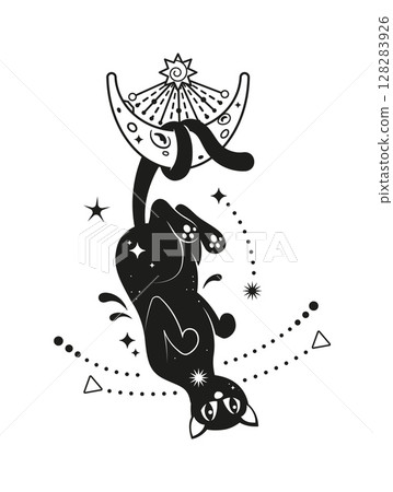 Black magic cat floating upside down with moon, sun, stars, cosmic dots and esoteric symbols. mystical feline animal silhouette with magical and spiritual elements. Vector isolated wizardry symbol Black magic cat floating upside down with moon, sun, stars, cosmic dots and esoteric symbols. mystical feline animal silhouette with magical and spiritual elements. Vector isolated wizardry symbol 128283926