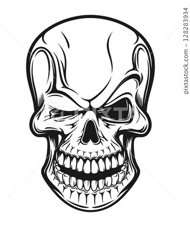 Smiling skull tattoo, vector creepy cranium with wide grin and deep eye sockets. Black and white dead head with sharp teeth and bones. Halloween, horror and gothic macabre character for print or decal Smiling skull tattoo, vector creepy cranium with wide grin and deep eye sockets. Black and white dead head with sharp teeth and bones. Halloween, horror and gothic macabre character for print or decal 128283934