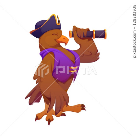Cartoon pirate eagle bird character looking through a telescope with a cheerful expression. Isolated vector playful nautical adventurer personage with a spyglass wearing a purple vest and tricorn hat Cartoon pirate eagle bird character looking through a telescope with a cheerful expression. Isolated vector playful nautical adventurer personage with a spyglass wearing a purple vest and tricorn hat 128283938
