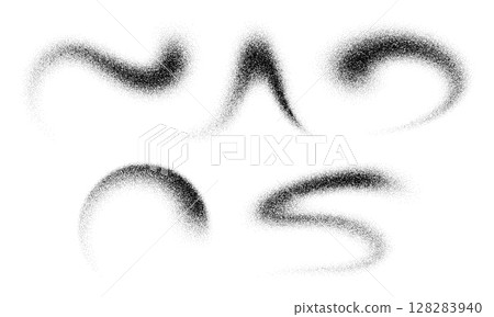 Grain noise spray paint brush, sand and dust wave creating soft, flowing curves with a textured spray or stippled effect. Vector set of abstract black grainy dynamic and flowing dusty strokes texture Grain noise spray paint brush, sand and dust wave creating soft, flowing curves with a textured spray or stippled effect. Vector set of abstract black grainy dynamic and flowing dusty strokes texture 128283940