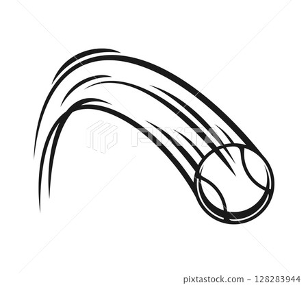 Tennis ball with motion trails. Isolated vector dynamic black and white line art fast flying ball. Minimal linear icon showing sports energy, speed and movement. Monochrome outline flying tennis ball 128283944