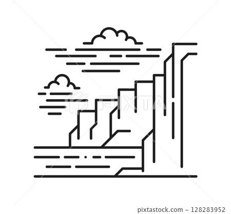 Landscape line icon, black and white vector linear cliffside, mountainous coastline with layered rock formations, calm water and clouds overhead. Abstract stroke line art of steep rocks and cloudscape 128283952