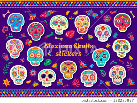 Day of the dead Mexican calavera skulls stickers pack. Mexican Dia de los Muertos holiday, Day of Dead celebration calavera sugar skulls with colorful floral ornaments vector stickers or patches set Day of the dead Mexican calavera skulls stickers pack. Mexican Dia de los Muertos holiday, Day of Dead celebration calavera sugar skulls with colorful floral ornaments vector stickers or patches set 128283957