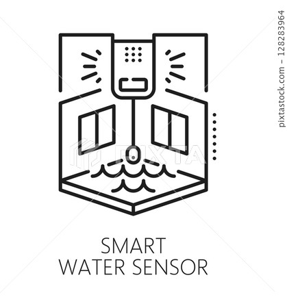 Water sensor home security device line icon or sign. Building flood protection technology line vector symbol, safety device pictogram. House security equipment icon with water sensor and flooded room Water sensor home security device line icon or sign. Building flood protection technology line vector symbol, safety device pictogram. House security equipment icon with water sensor and flooded room 128283964